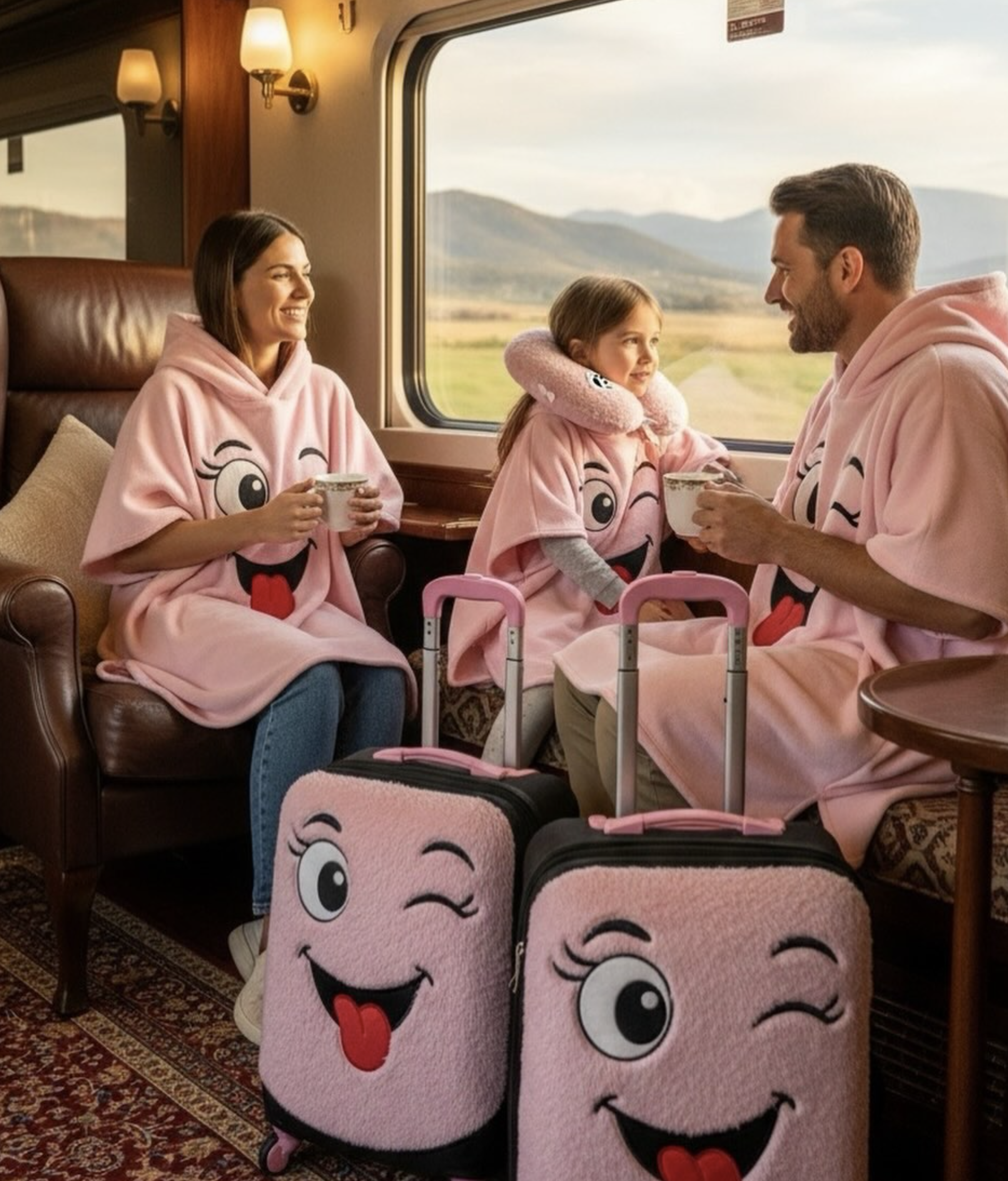 Aile trende pembe pançolarla